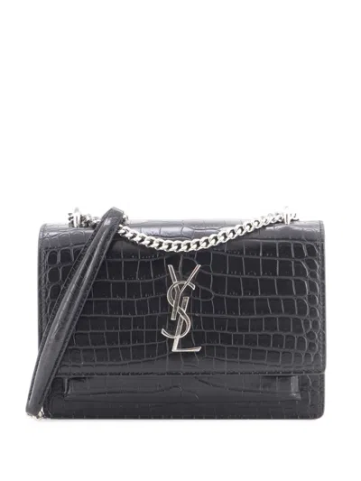 Pre-owned Saint Laurent Sunset Chain Wallet Crocodile Embossed Leather Crossbody Bag In Black