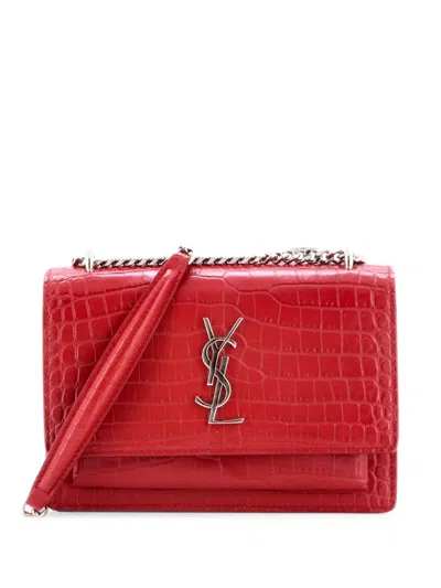 Pre-owned Saint Laurent Sunset Chain Wallet Crocodile Embossed Leather Crossbody Bag In Red