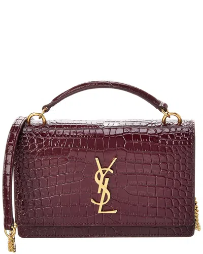 Saint Laurent Sunset Croc-embossed Leather Shoulder Bag In Burgundy