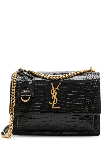 Saint Laurent Sunset Crocodile-effect Patent Leather Shoulder Bag In Black