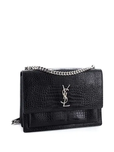 Pre-owned Saint Laurent Sunset Crocodile Embossed Leather Large Crossbody Bag In Black