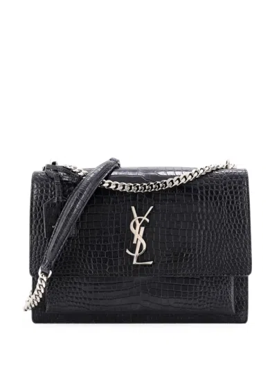 Pre-owned Saint Laurent Sunset Crocodile Embossed Leather Large Crossbody Bag In Black
