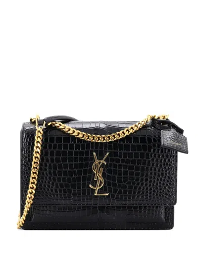 Pre-owned Saint Laurent Sunset Crocodile Embossed Leather Medium Crossbody Bag In Black