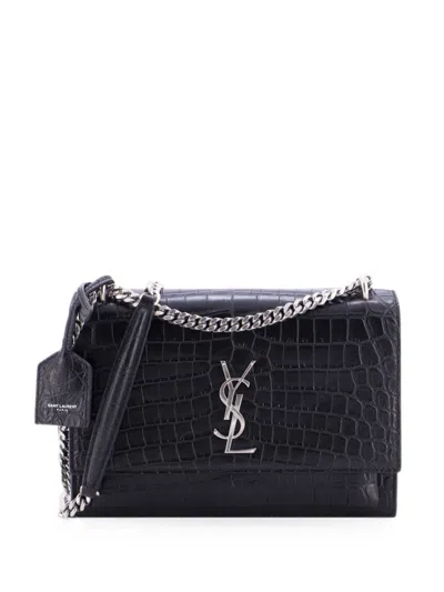 Pre-owned Saint Laurent Sunset Crocodile Embossed Leather Medium Crossbody Bag In Black