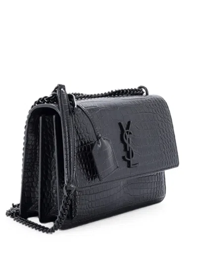 Pre-owned Saint Laurent Sunset Crocodile Embossed Leather Medium Crossbody Bag In Black