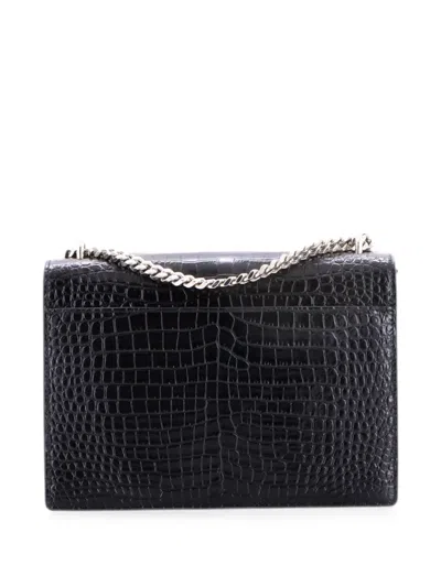 Pre-owned Saint Laurent Sunset Crocodile Embossed Leather Medium Crossbody Bag In Black