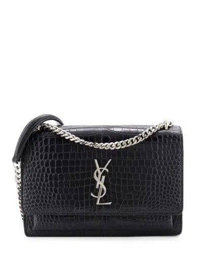Pre-owned Saint Laurent Sunset Crocodile Embossed Leather Medium Crossbody Bag In Black