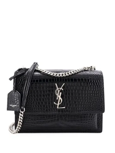Pre-owned Saint Laurent Sunset Crocodile Embossed Leather Medium Crossbody Bag In Black