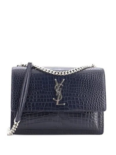 Pre-owned Saint Laurent Sunset Crocodile Embossed Leather Medium Crossbody Bag In Blue