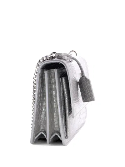 Pre-owned Saint Laurent Sunset Crocodile Embossed Leather Medium Crossbody Bag In Gray