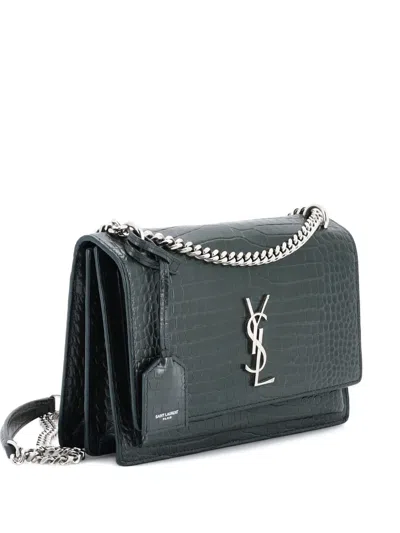 Pre-owned Saint Laurent Sunset Crocodile Embossed Leather Medium Crossbody Bag In Green
