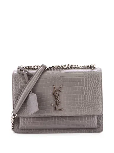 Pre-owned Saint Laurent Sunset Crocodile Embossed Leather Medium Crossbody Bag In Grey
