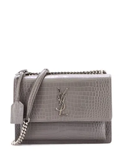 Pre-owned Saint Laurent Sunset Crocodile Embossed Leather Medium Crossbody Bag In Grey