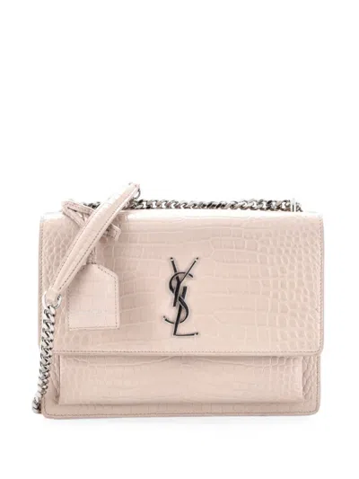 Pre-owned Saint Laurent Sunset Crocodile Embossed Leather Medium Crossbody Bag In Neutral