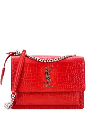 Pre-owned Saint Laurent Sunset Crocodile Embossed Leather Medium Crossbody Bag In Red