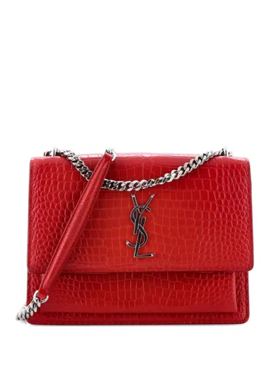 Pre-owned Saint Laurent Sunset Crocodile Embossed Leather Medium Crossbody Bag In Red