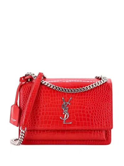 Pre-owned Saint Laurent Sunset Crocodile Embossed Leather Medium Crossbody Bag In Red
