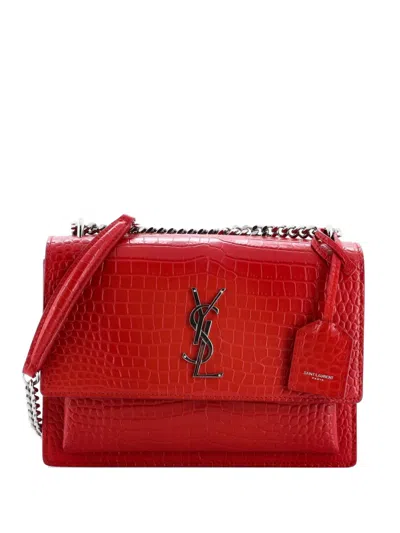 Pre-owned Saint Laurent Sunset Crocodile Embossed Leather Medium Crossbody Bag In Red