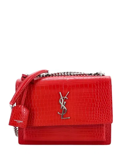 Pre-owned Saint Laurent Sunset Crocodile Embossed Leather Medium Crossbody Bag In Red