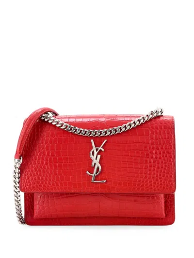 Pre-owned Saint Laurent Sunset Crocodile Embossed Leather Medium Crossbody Bag In Red