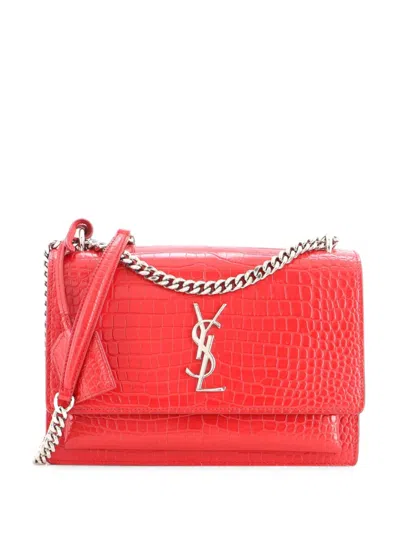 Pre-owned Saint Laurent Sunset Crocodile Embossed Leather Medium Crossbody Bag In Red
