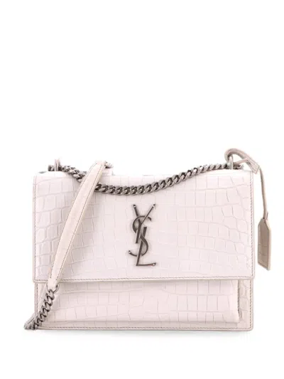 Pre-owned Saint Laurent Sunset Crocodile Embossed Leather Medium Crossbody Bag In White