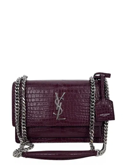 Pre-owned Saint Laurent Sunset Crocodile-embossed Shoulder Bag In Purple