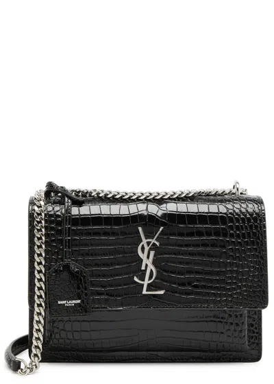 Saint Laurent Sunset Medium Crocodile-effect Leather Shoulder Bag In Burgundy