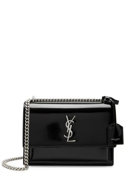 Saint Laurent Sunset Medium Patent Leather Shoulder Bag In Black