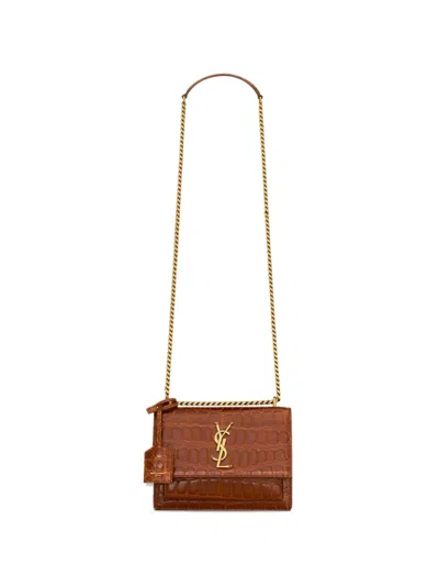 Saint Laurent Sunset Small Crocodile-embossed Leather Bag In Black
