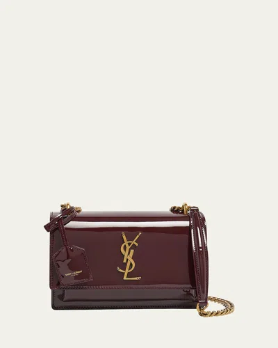 Saint Laurent Sunset Small Ysl Crossbody Bag In Patent Leather In Burgundy