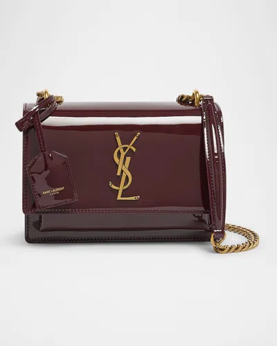 Saint Laurent Sunset Small Ysl Crossbody Bag In Patent Leather In Dark Red Wine