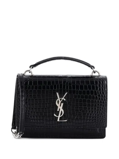 Pre-owned Saint Laurent Sunset Top Handle Chain Wallet Crocodile Embossed Leather Crossbody Bag In Black