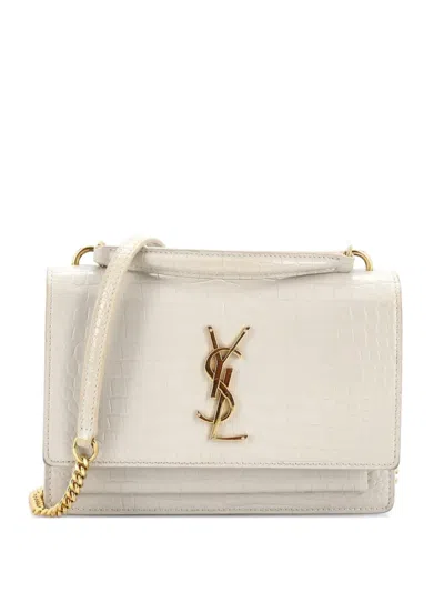 Pre-owned Saint Laurent Sunset Top Handle Chain Wallet Crocodile Embossed Leather Crossbody Bag In Neutral
