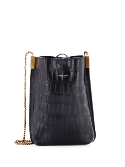 Pre-owned Saint Laurent Suzanne Hobo Crocodile Embossed Leather Mini Shoulder Bag In Black
