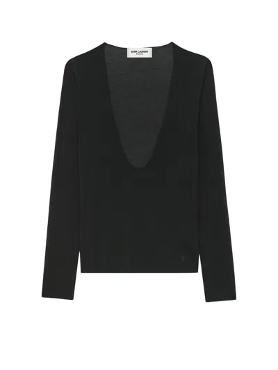 Saint Laurent Cassandre Embroidered U-neck Silk Sweater In Black