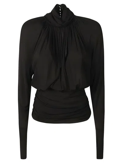 Saint Laurent High-neck Ruched Jersey Top In Nero
