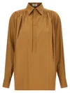 Saint Laurent Gathered Cotton-blend Blouse In Brown