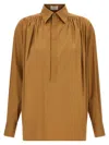 Saint Laurent Gathered Cotton-blend Blouse In Ocre Delave