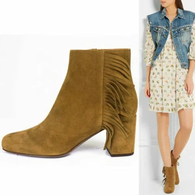 Pre-owned Saint Laurent Sz 37.5 $895  Tan Suede 70 Babies Fringe Boho Fall Ankle Boots In Brown