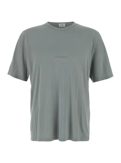 Saint Laurent Tonal Logo Embroidery Cotton T Shirt In Gray
