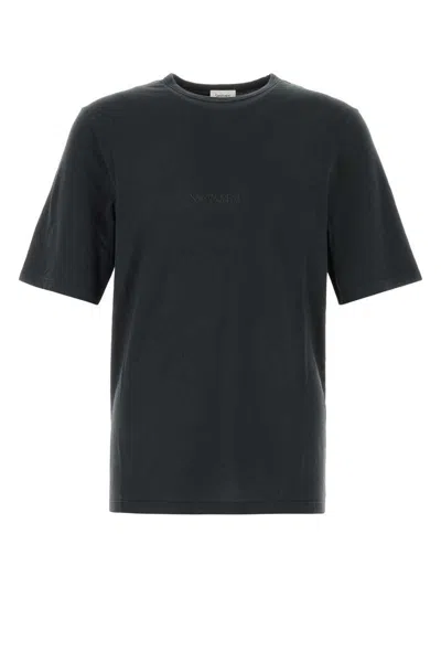 Saint Laurent Dark Grey T-shirt With Logo Lettering On The Front Tone-on-tone In Cotton Man In Animal Print