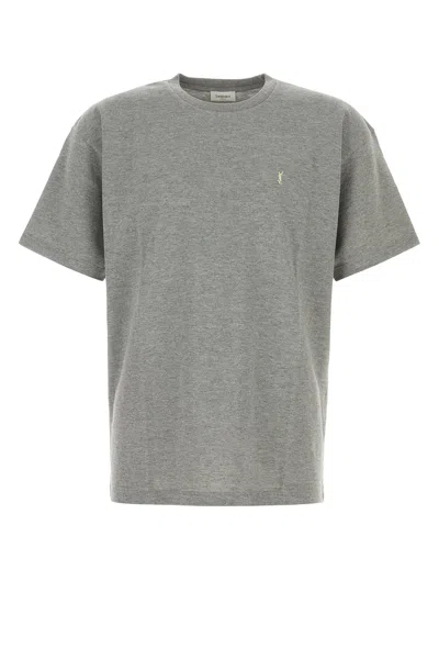 Saint Laurent Grey Crewneck T-shirt With Cassandre Embroidery In Cotton Man In Gray