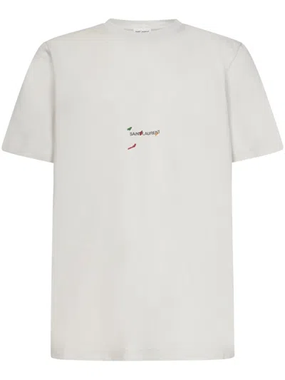 Saint Laurent White T-shirt With Logo Paint Printed On The Chest
