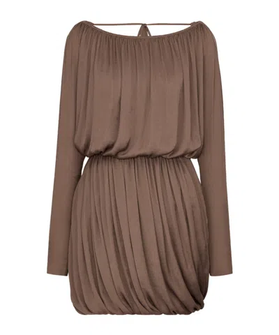 Saint Laurent Taffeta Backless Dress In Brown
