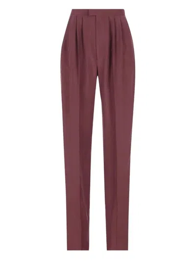 Saint Laurent High Waist Tailored Silk Habotai Trousers In Burgundy