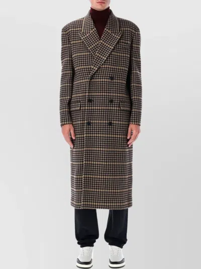 Saint Laurent Checked Wool Long Coat In Brown