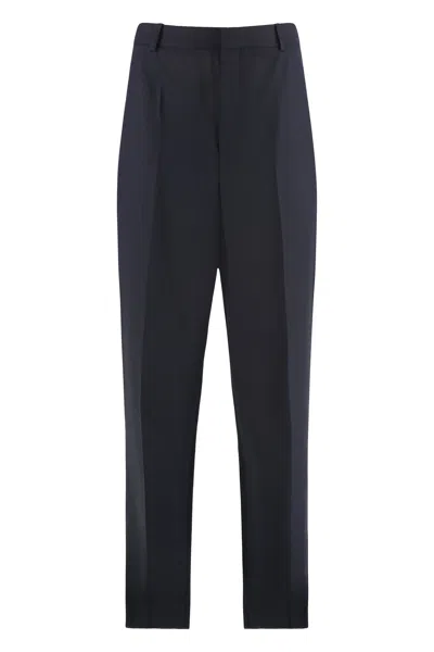 Saint Laurent Tailored Wool Trousers With Back Button Welt Pockets In Blue
