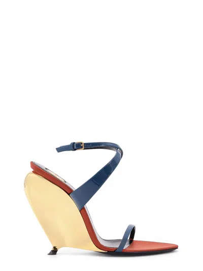 Saint Laurent Tallulah 110 Patent Leather Sandals With Sculptural Wedge Heel In Blue