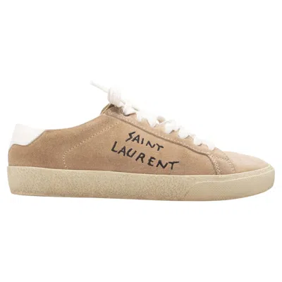 Pre-owned Saint Laurent Tan & White  Suede Spellout Low-top Sneakers Size 37.5